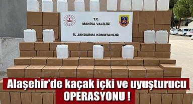 Alaşehir’de bir iş yerinde yapılan operasyonda yüzlerce litre etil alkol ve uyuşturucu ele geçirildi